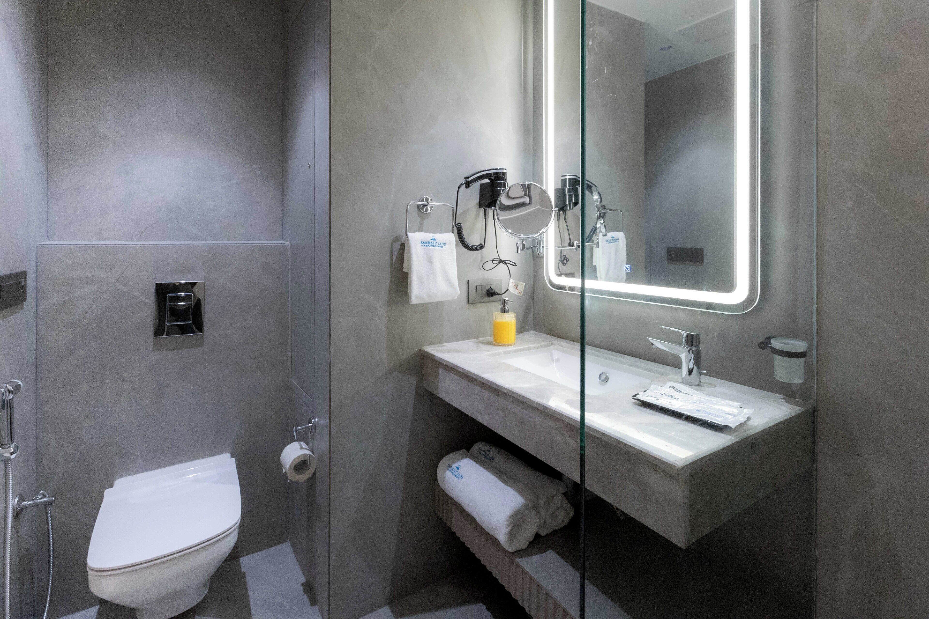 Une salle de bain moderne équipée de toilettes, d’une douche et d’un meuble-lavabo avec un miroir.