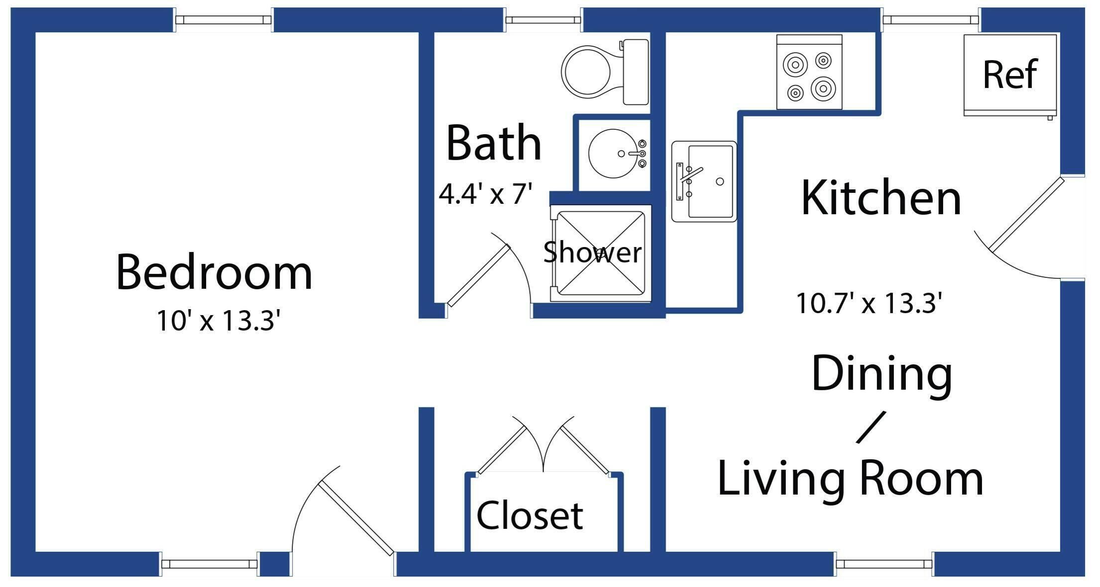 A floor plan with a bedroom (10' x 13.3'), bathroom (4.4' x 7'), kitchen (10.7' x 13.3'), dining/living room, and closet.