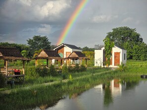 A rural setting with thatched-roof huts, a small white building, and a calm water body reflecting the surroundings.