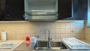 Een keuken met een dubbele spoelbak, een aanrecht met een afwasschaal, een spons en een fles afwasmiddel.