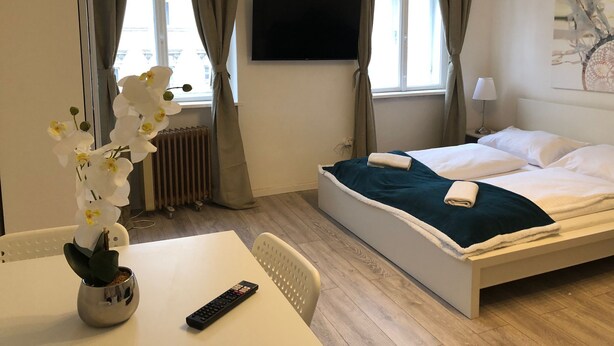 A hotel room with a bed, a TV mounted on the wall, a table with a remote control, and a potted orchid. - Stylish Apt Near Wiener Stadthalle (Vienna)