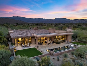 Exterior - Pool, Fireplace & Mountain Views at The Reserve | The Giraffe View House (Palm Desert)