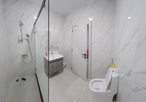Regadera, bidet, toallas, jabón 
