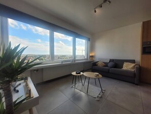 Una sala de estar moderna con un ventanal grande, un sofá gris, una mesita de centro pequeña y un radiador.