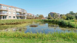 Un quartier résidentiel avec un étang, des immeubles d’appartements et de nombreux espaces verts.