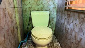 Ein kleines Badezimmer mit Toilette, grüner Wand und Fliesenboden.