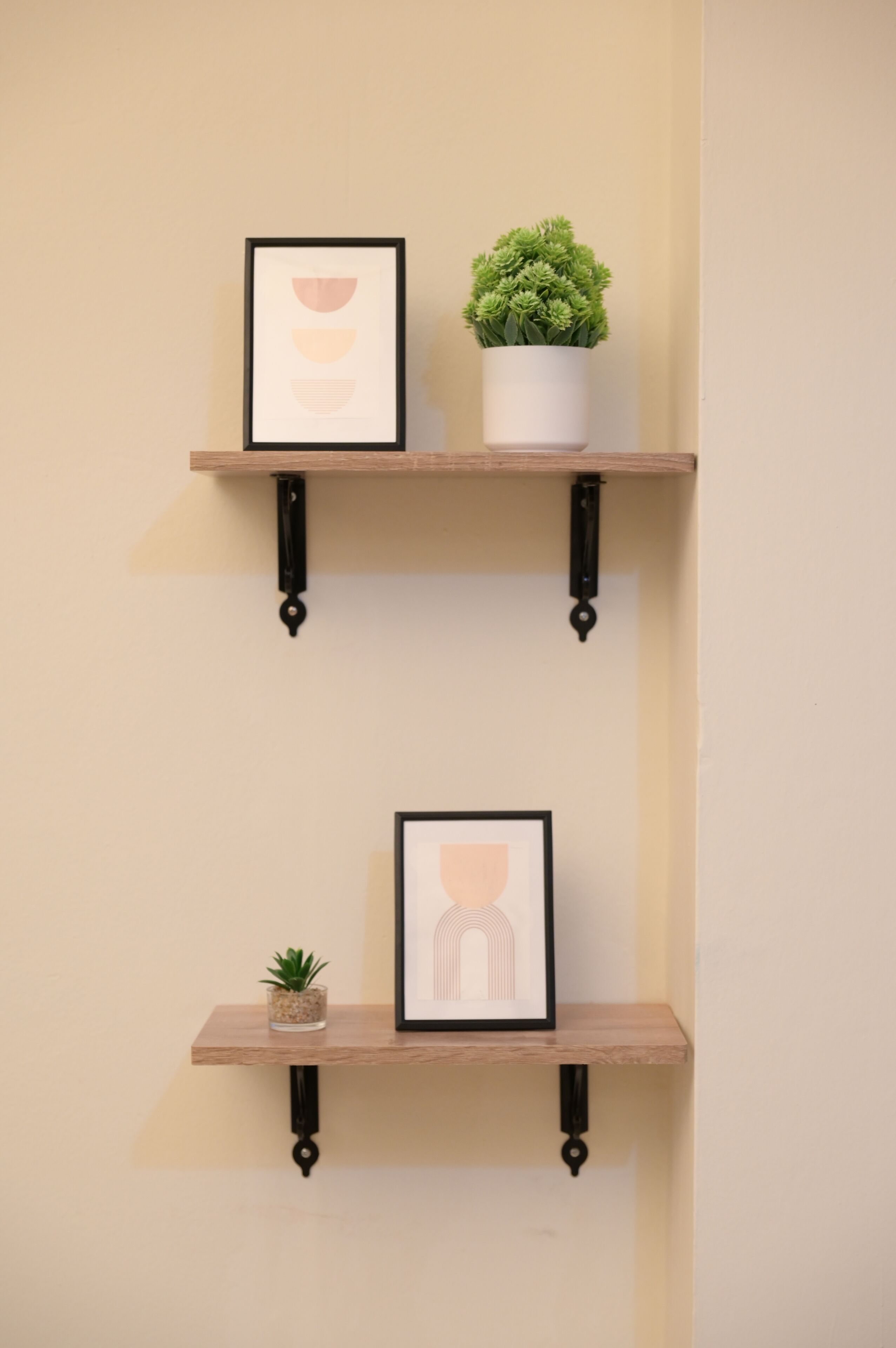 Dos estantes de madera fijos en una pared, cada uno con un cuadro enmarco y una pequeña planta en maceta.