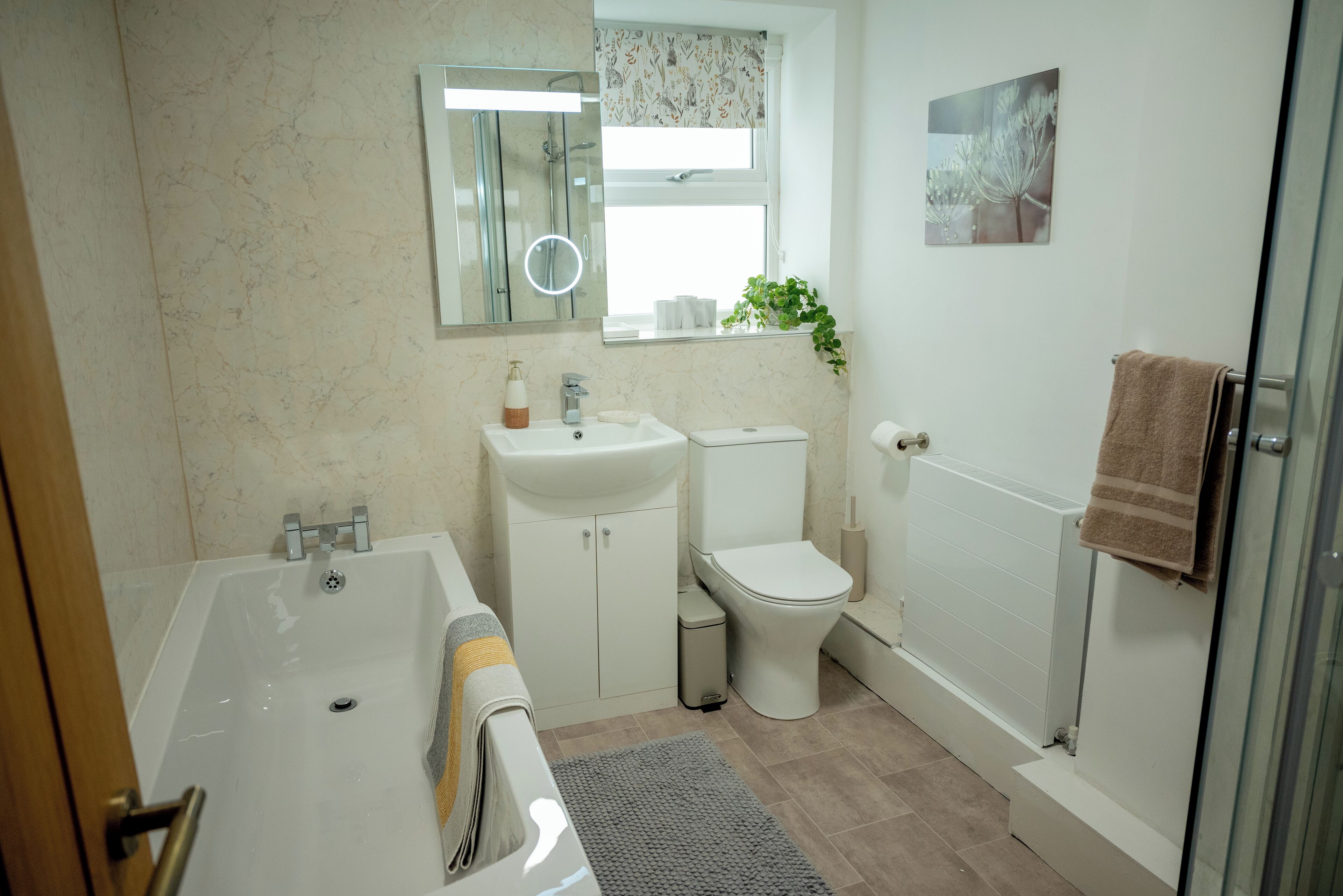 Hair dryer, towels, soap, toilet paper