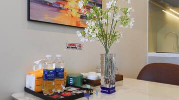 Hair dryer, bidet, towels, soap