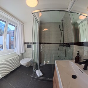Shower, hair dryer, towels