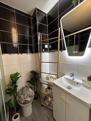 Regadera, toallas, jabón, papel de baño