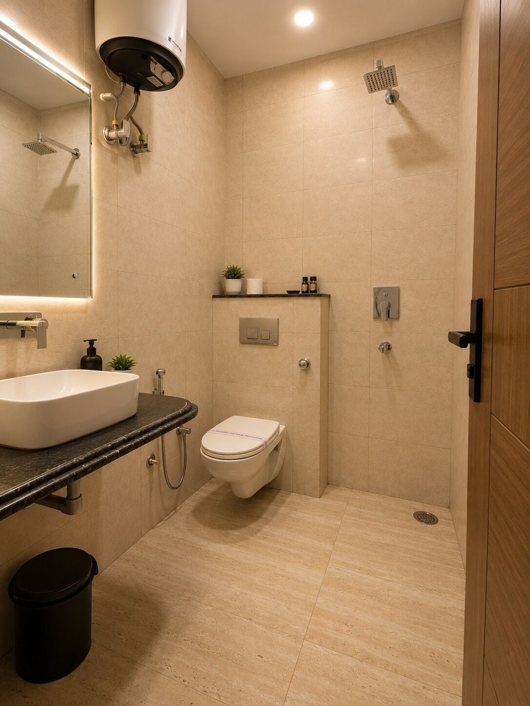 A modern bathroom with a large sink, toilet, and shower.