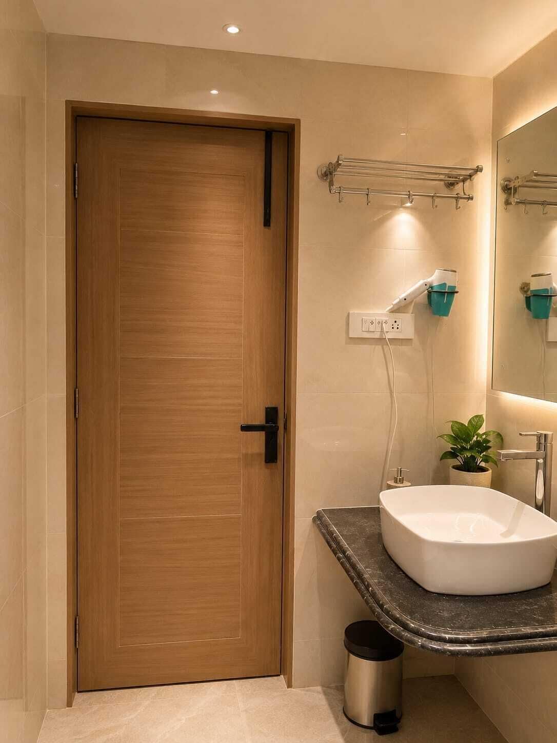 Un baño con puerta de madera, un lavamanos blanco, un espejo, un perchero para toallas, una planta y un cesto de basura.