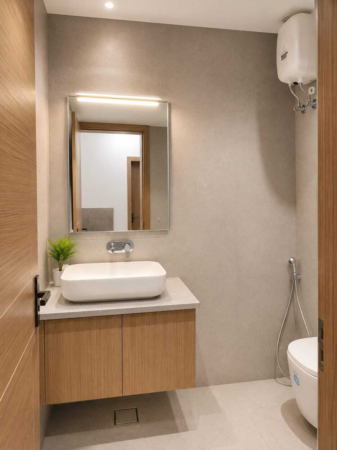 A modern bathroom with a freestanding sink, a mirror above it, and a toilet to the right.