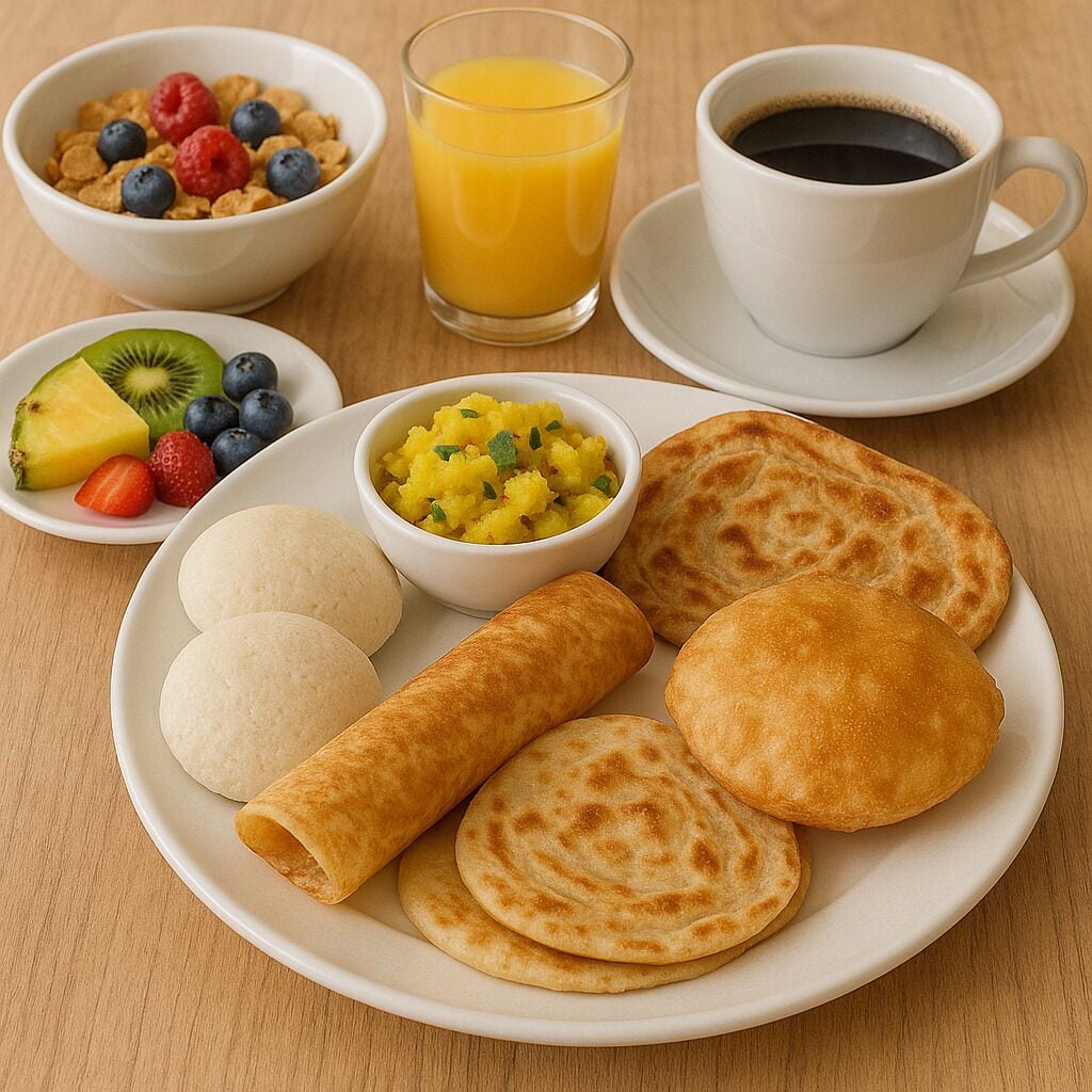 Un plato de desayuno con panqueques, un bol de fruta, un vaso de jugo de naranja y una taza de café.