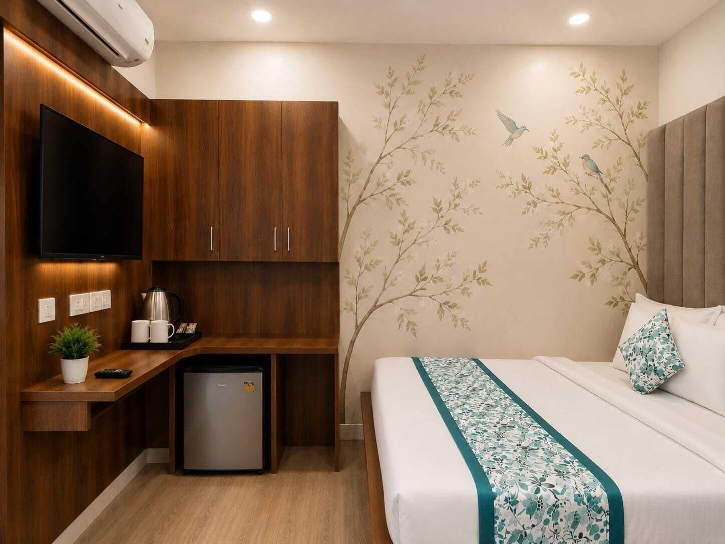 A hotel room with a bed, a desk with a computer, a small refrigerator, a television, and a wall with a tree mural.