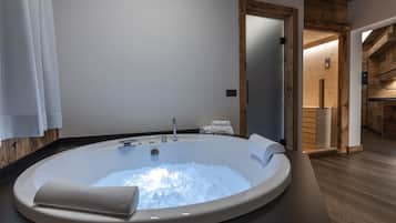 Shower, jetted tub, hair dryer, bidet