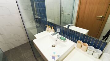 Hair dryer, bidet, towels, soap