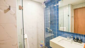 Hair dryer, bidet, towels, soap