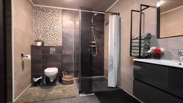 Hair dryer, towels, toilet paper