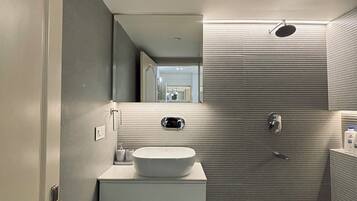 Hair dryer, towels, soap, toilet paper