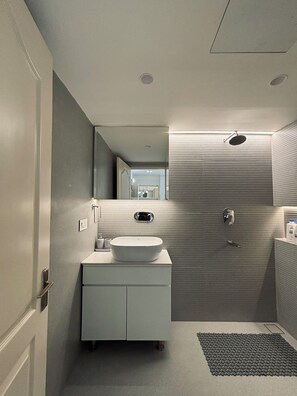 Hair dryer, towels, soap, toilet paper