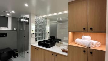 Hair dryer, towels, soap, toilet paper