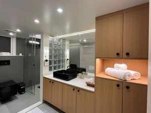 Hair dryer, towels, soap, toilet paper