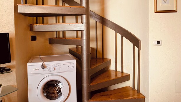 Een wenteltrap met houten treden en metalen leuningen, een wasmachine en een ingelijste botanische afbeelding aan de muur.