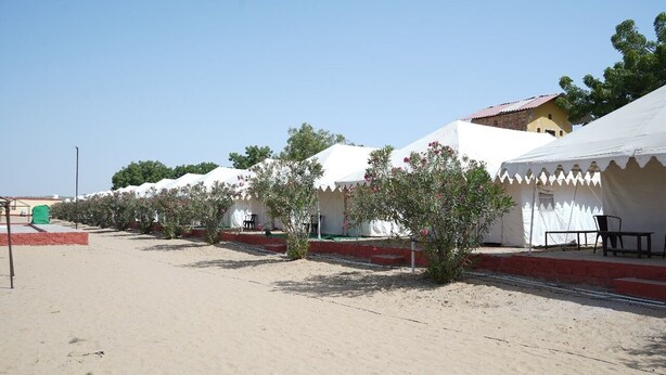 A row of white tents with a sandy ground and sparse vegetation in between. - Raj Dunes Resort (Jaisalmer)