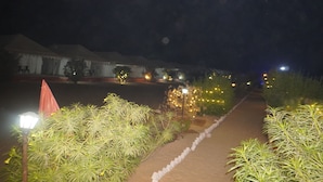 A nighttime view of a pathway lined with plants and a tent structure. - Raj Dunes Resort (Jaisalmer)