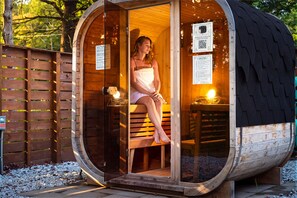 Unwind in the private barrel sauna after a day outdoors. - Sleeps 18 Luxury 8BR Cabin Hot Tub, Sauna & Game Room (Blakeslee)