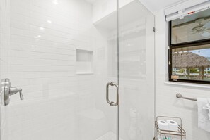 Shower, hair dryer, towels, soap