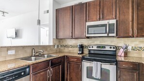 Appartement (2 Bedrooms) | Cuisine privée | Réfrigérateur, four à micro-ondes, un four, surface de cuisson