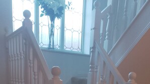 Una escalera con barandillas blancas y un rellano alfombrado.