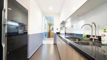 Full-sized fridge, microwave, oven, stovetop