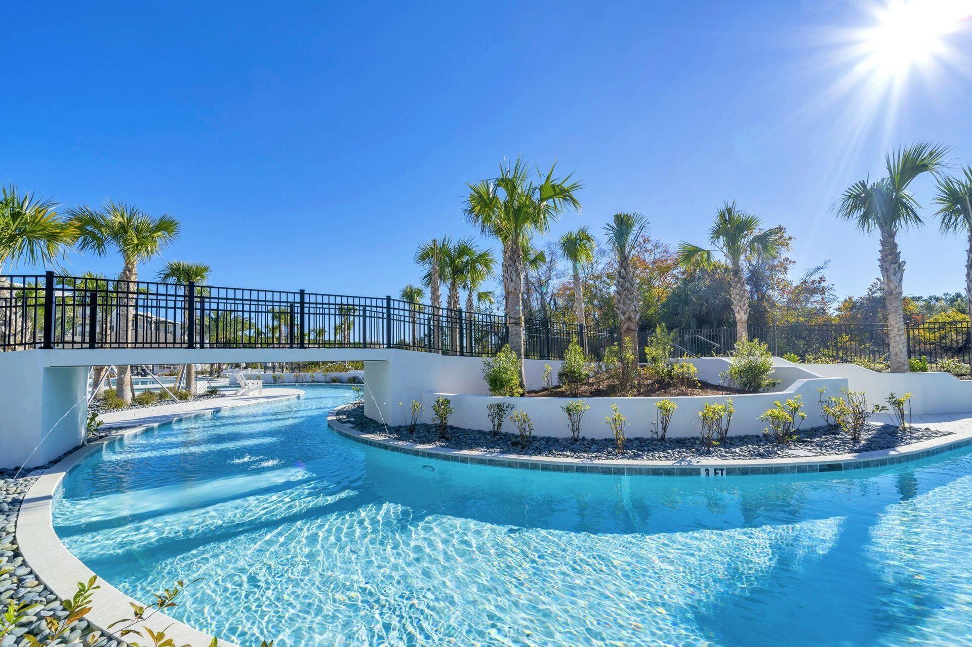 A pool with a bridge, surrounded by palm trees and a clear blue sky.