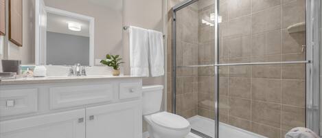 A modern bathroom with a glass-enclosed shower, a white toilet, and a vanity with a mirror and sink.