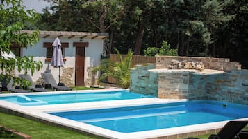 Seasonal outdoor pool, pool umbrellas, pool loungers