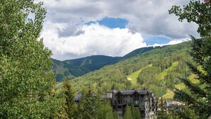 Un chalet à étages, entouré d’une forêt dense et de montagnes.