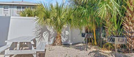 A white picnic table with a metal fence and palm trees in the background.