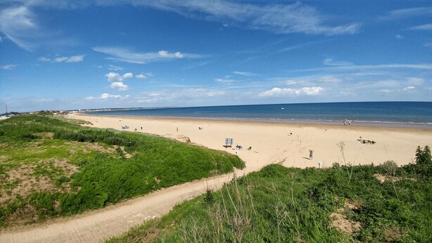 A beach with a dirt path leading to the shore, surrounded by greenery. - Beachfront Chalet – Detached, Sleeps 6, Pet-Friendly, Heating Included, Wifi (Wilsthorpe)