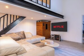 Smart TV, fireplace, video games, books