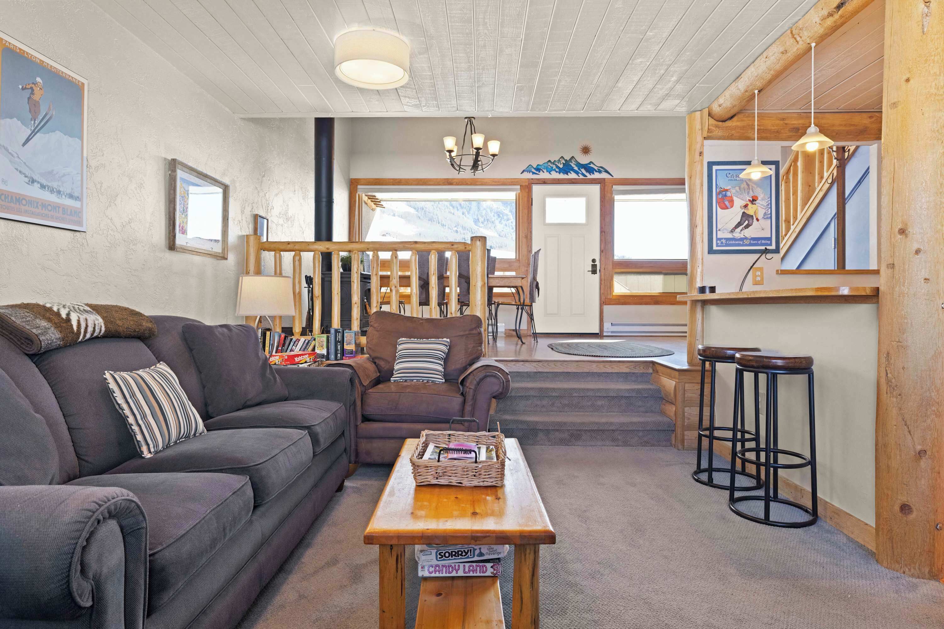 TV, fireplace, books