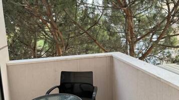 Un balcon doté d’une table en verre et de deux chaises, entouré de grands pins.