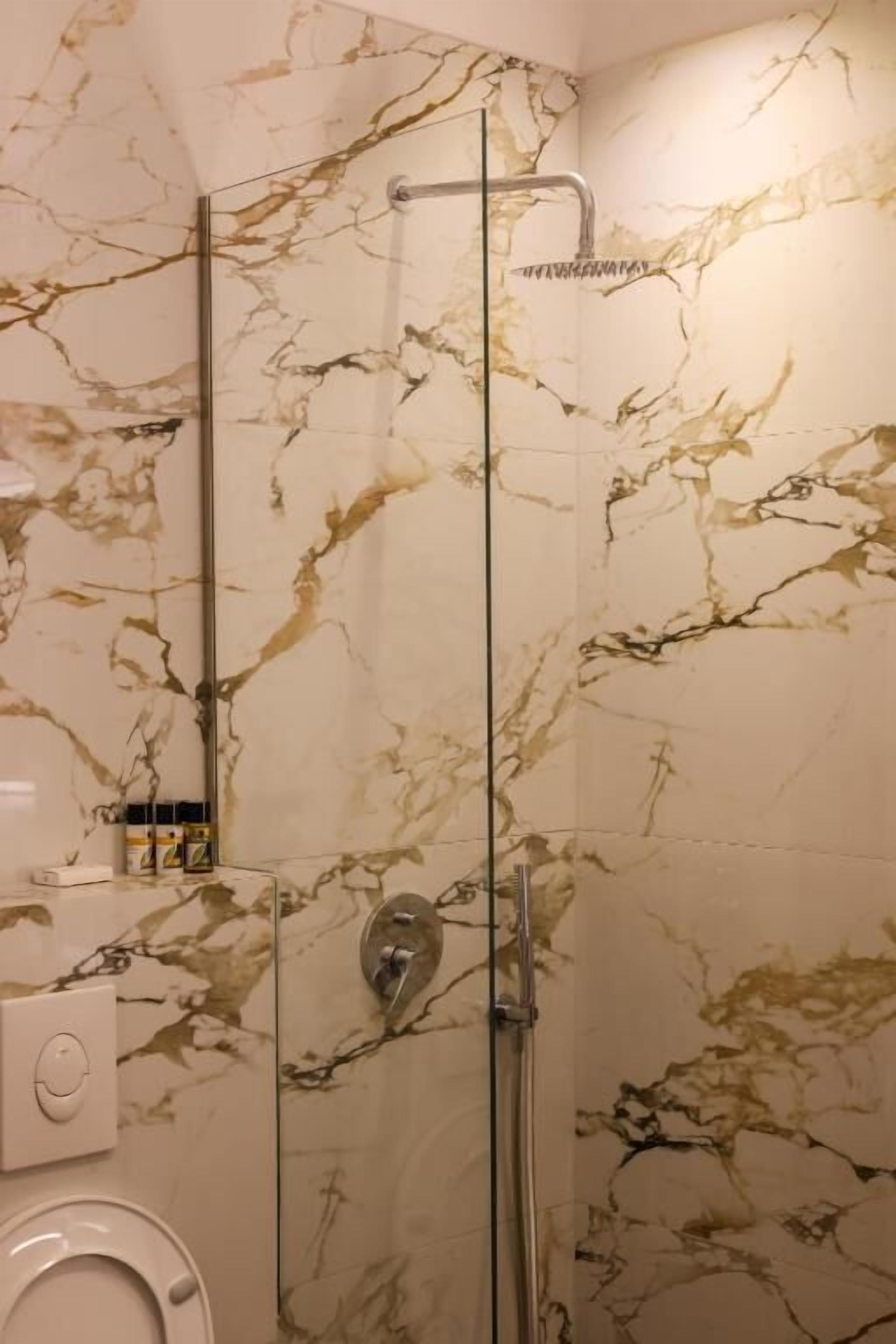 Une salle de bain avec une douche à parois de verre, des murs en marbre et des toilettes.