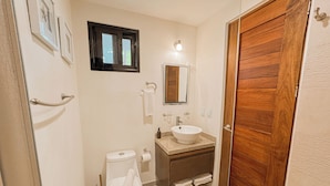 A bathroom with a toilet, sink, mirror, and wooden door. - TWT CONDOS (Tulum)