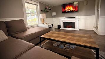 Smart TV, fireplace, books