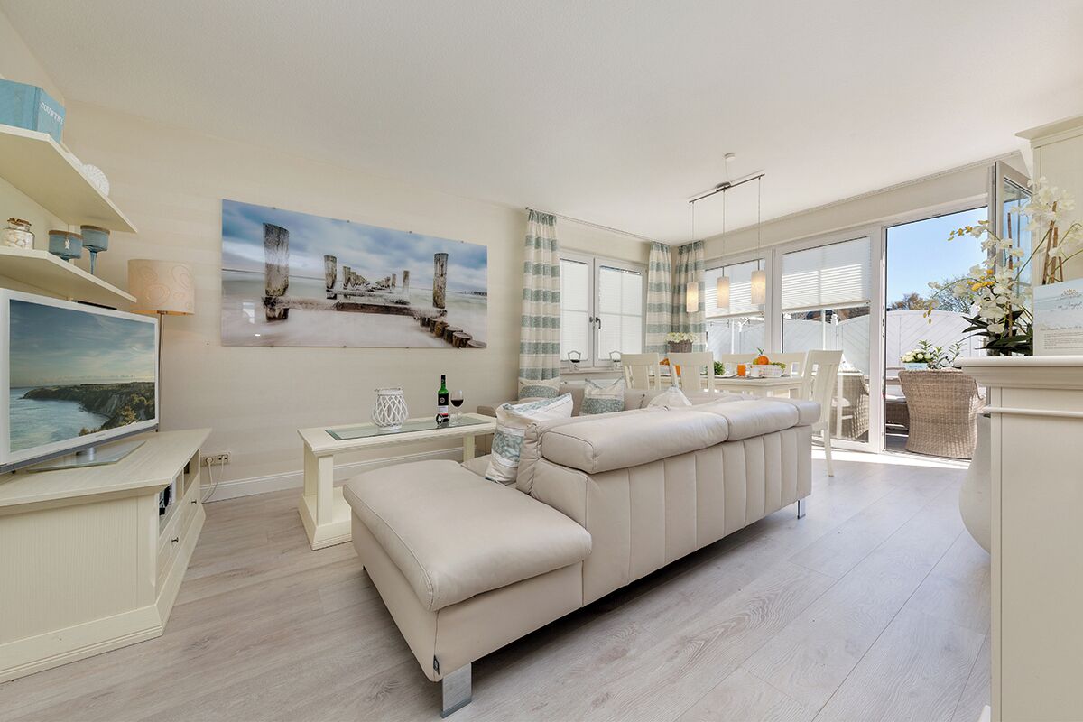 TV connectée, cheminée, lecteur de DVD, livres