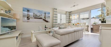 TV connectée, cheminée, lecteur de DVD, livres